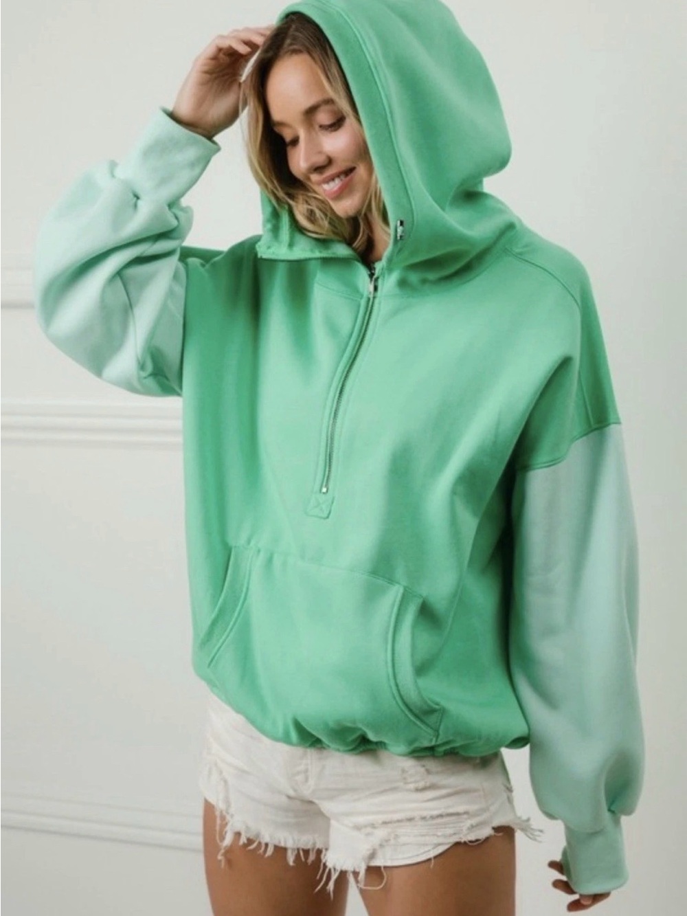 BiBi Fleece Hoodie Sweater sweatshirt Jacket Mint Green Half Zip Elastic Hem Med - Picture 2 of 5